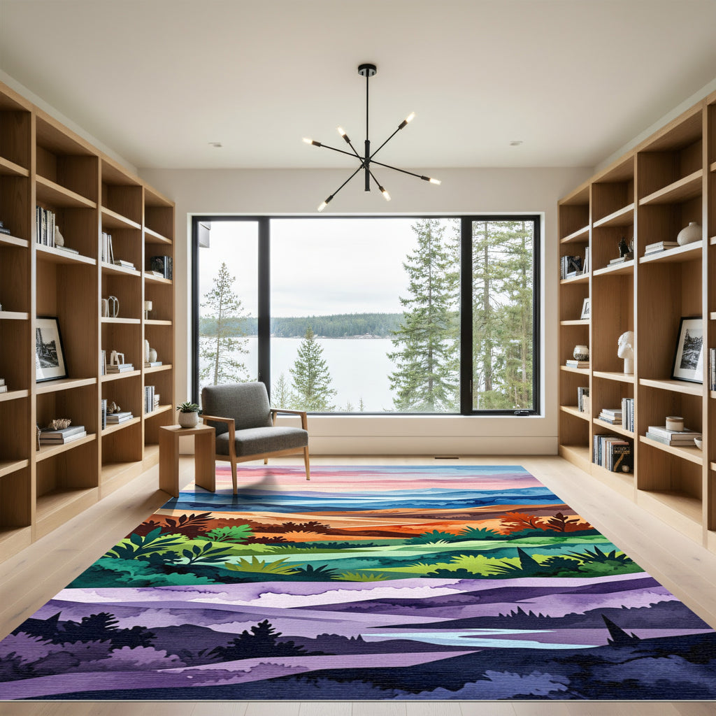 Watercolor Mountain Sunset Landscape Rug