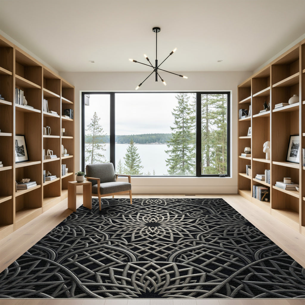 Silver Metallic Interlocked Geometric Mandala Rug