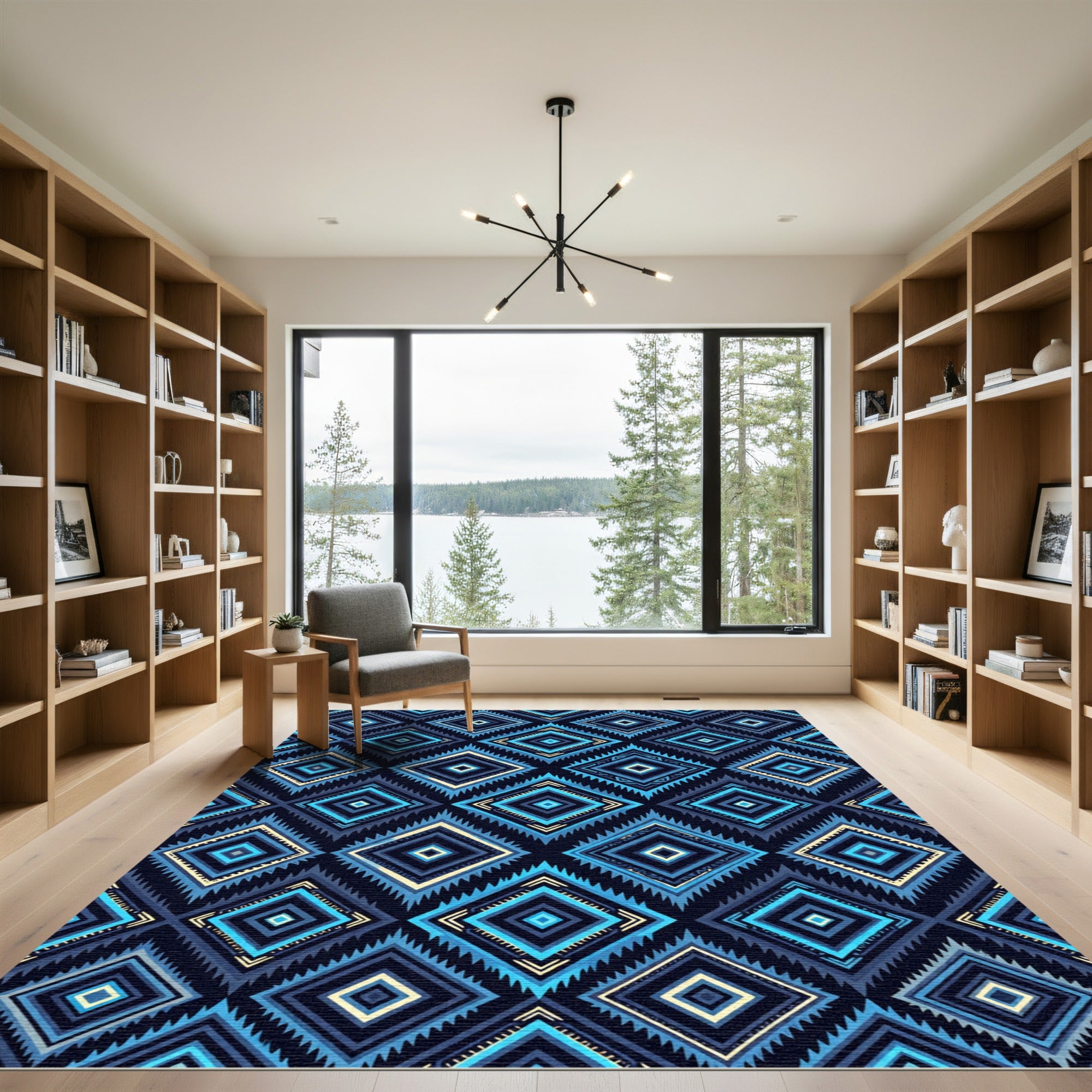 Bold Navy Blue Geometric Diamond Rug