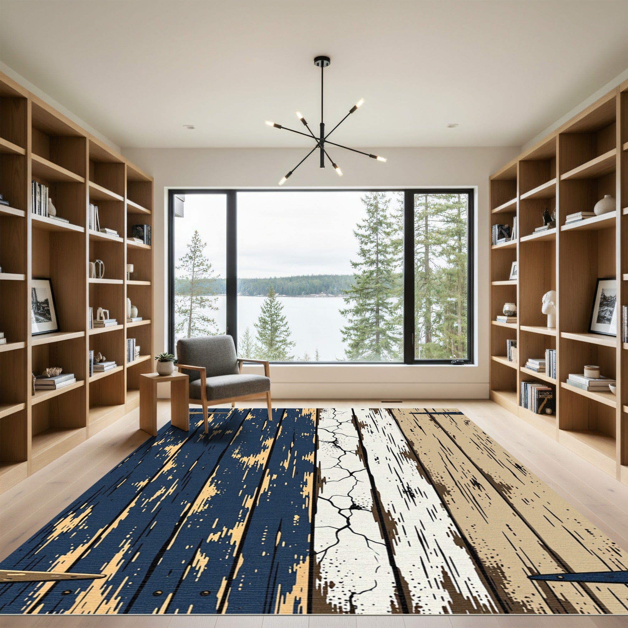 Rustic Navy White and Tan Striped Plank Rug