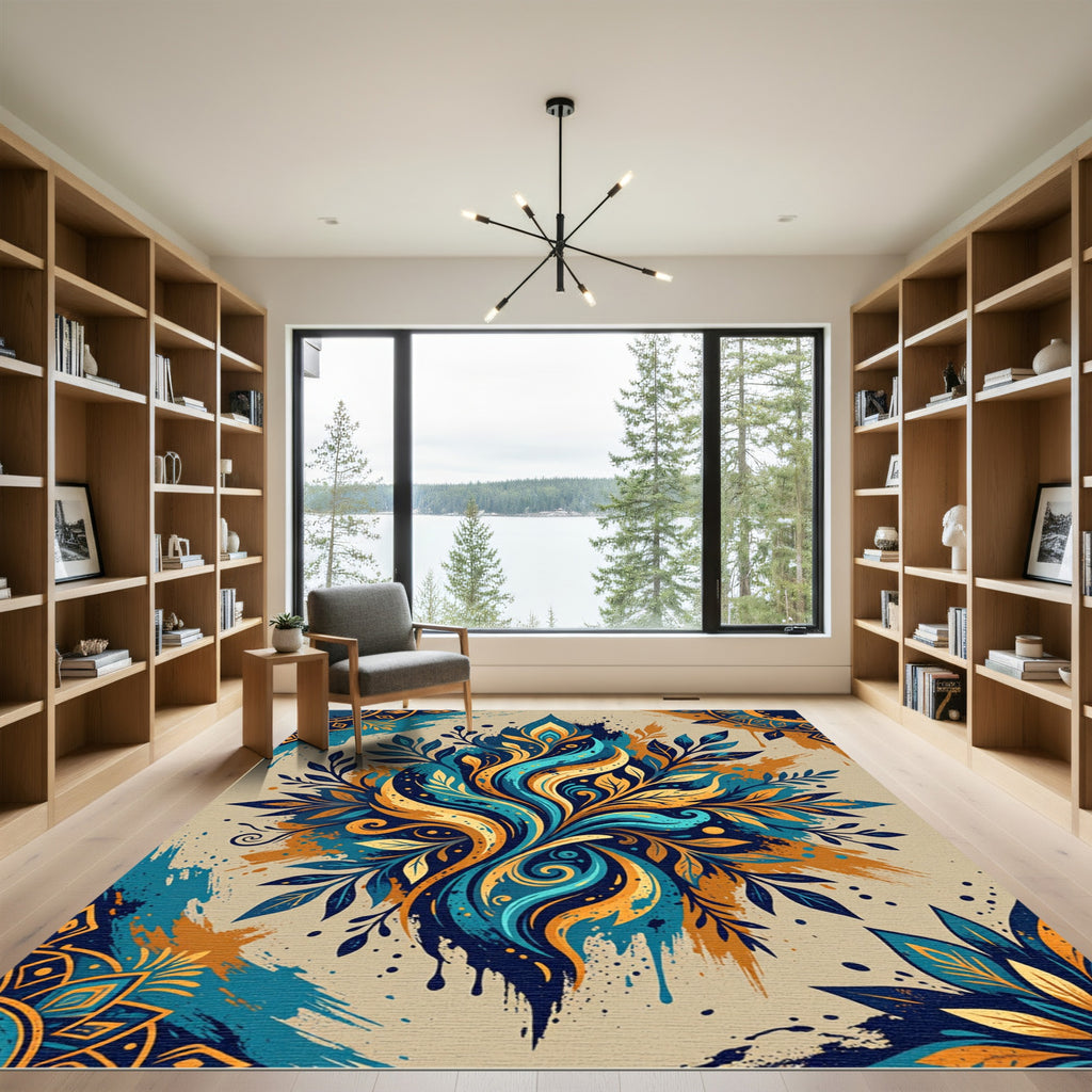 Earthy Blue Gold Swirl Floral Art Rug