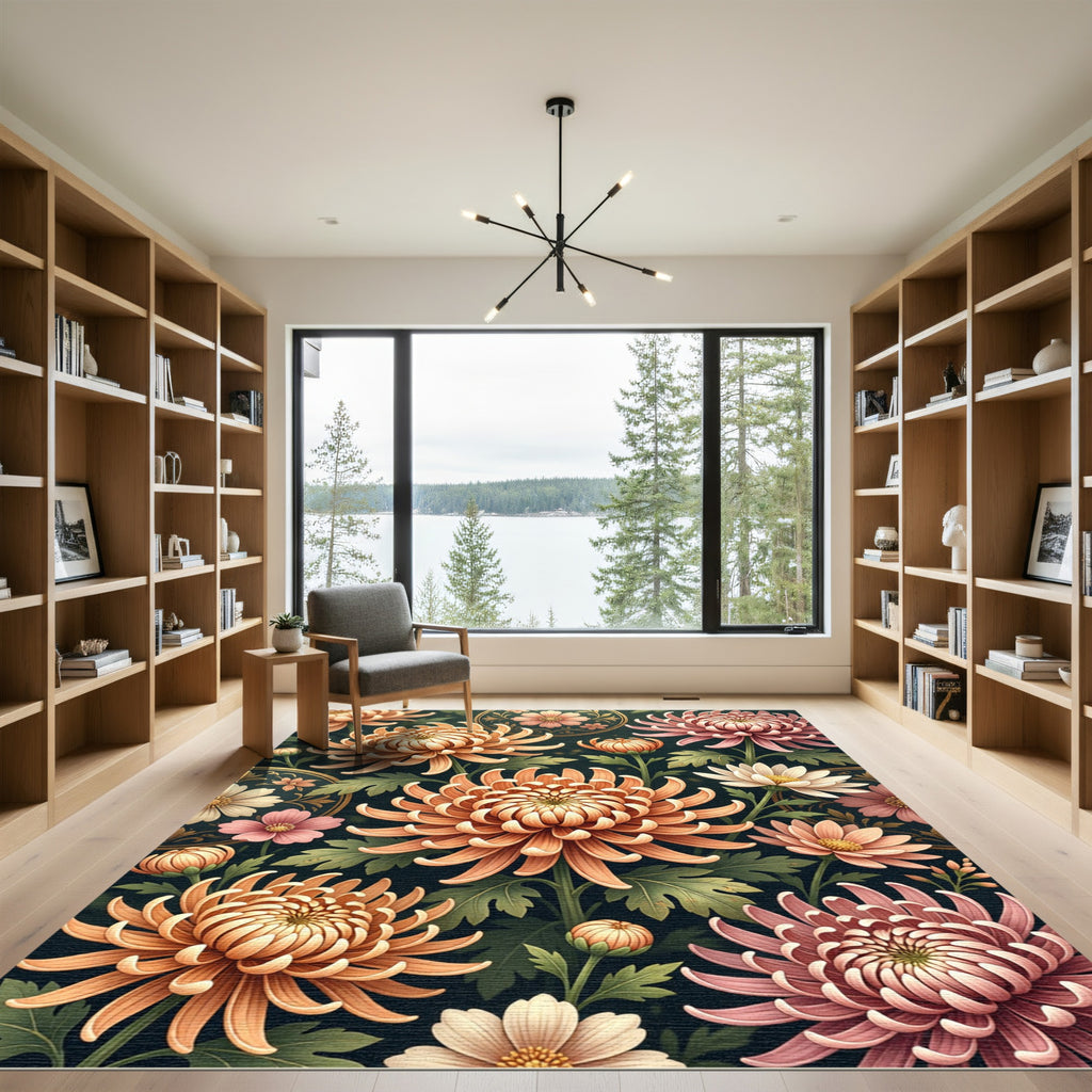 Crimson Peach Aster Floral Garland Rug