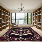 Ornate Burgundy Cream Rococo Shell Medallion Rug
