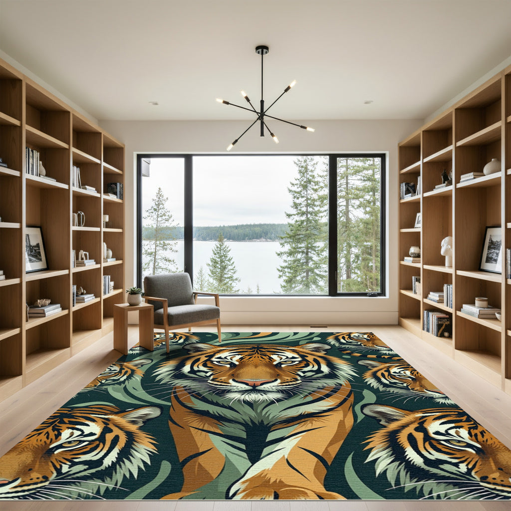 Bold Tiger Faces Green Abstract Background Rug