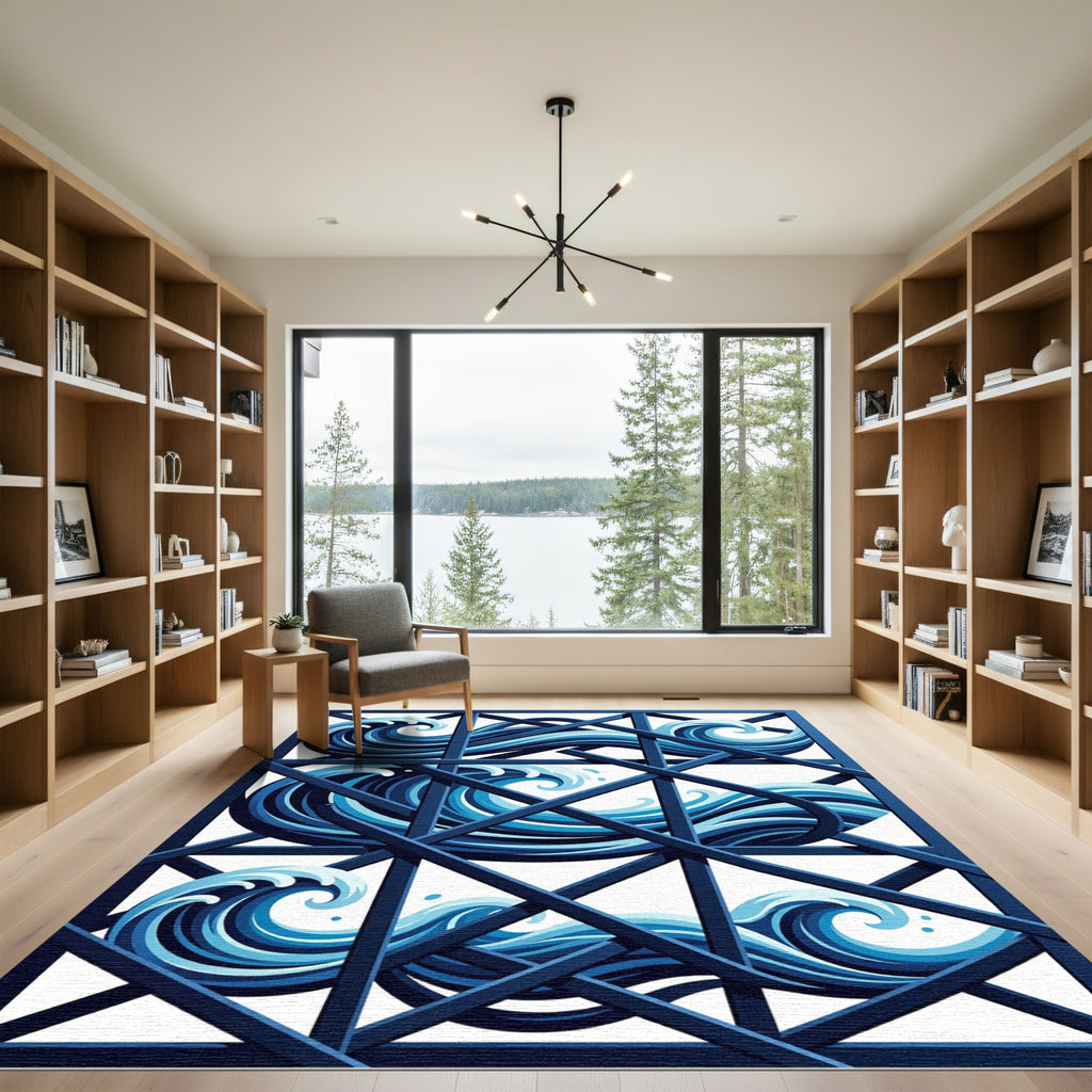 Geometric Grid Blue Ocean Wave Rug