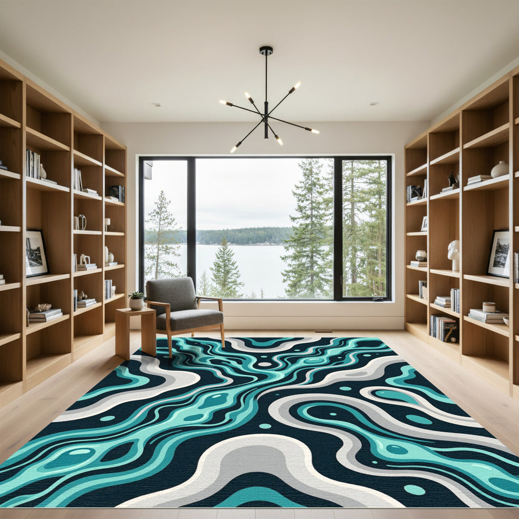 Teal Aqua Swirling Fluid Abstract Rug