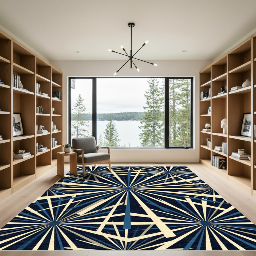 Dark Navy Cream Starburst Rays Rug