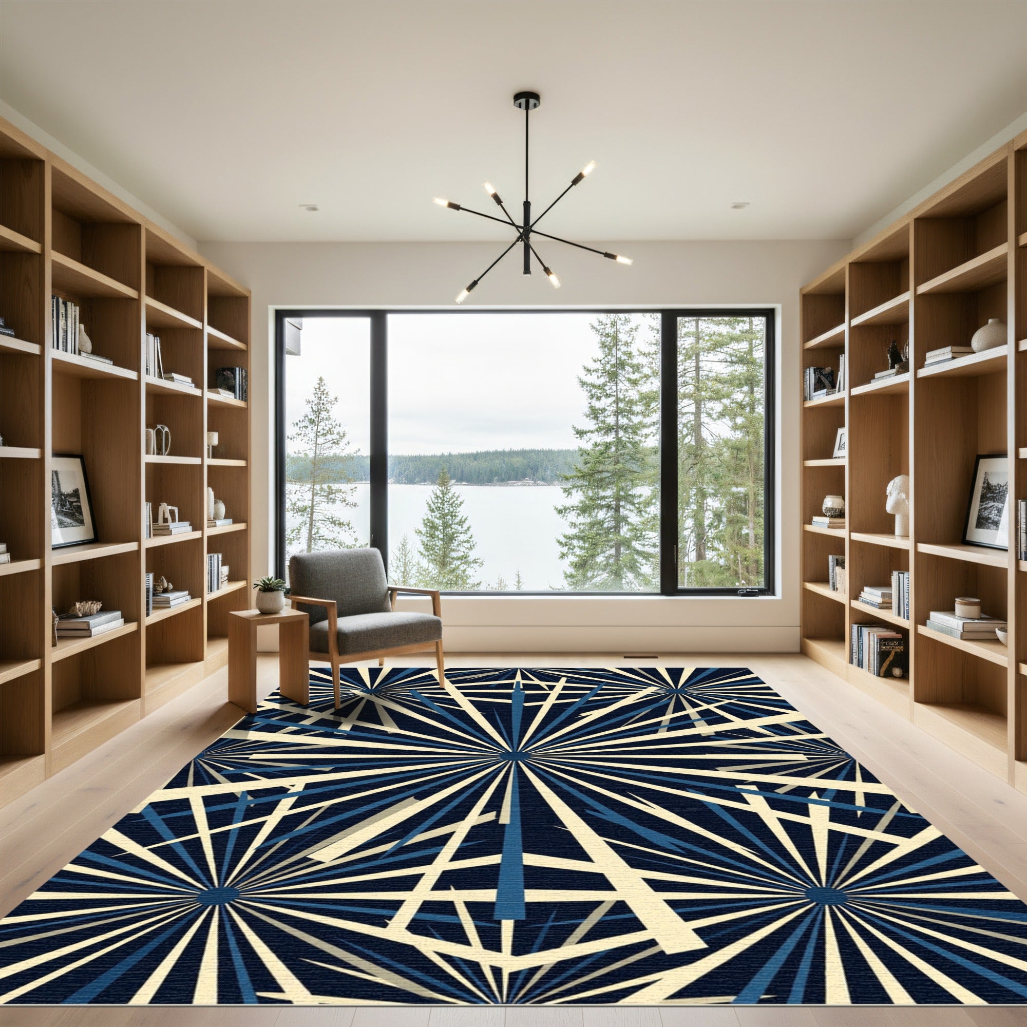 Dark Navy Cream Starburst Rays Rug