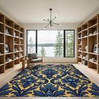 Ornate Navy Blue Gold Damask Rug