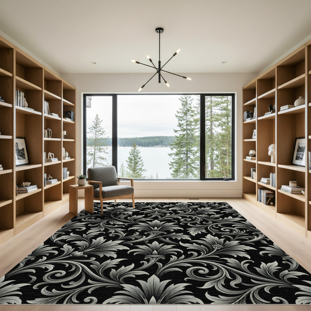 Black Silver Floral Scrollwork Ornament Rug