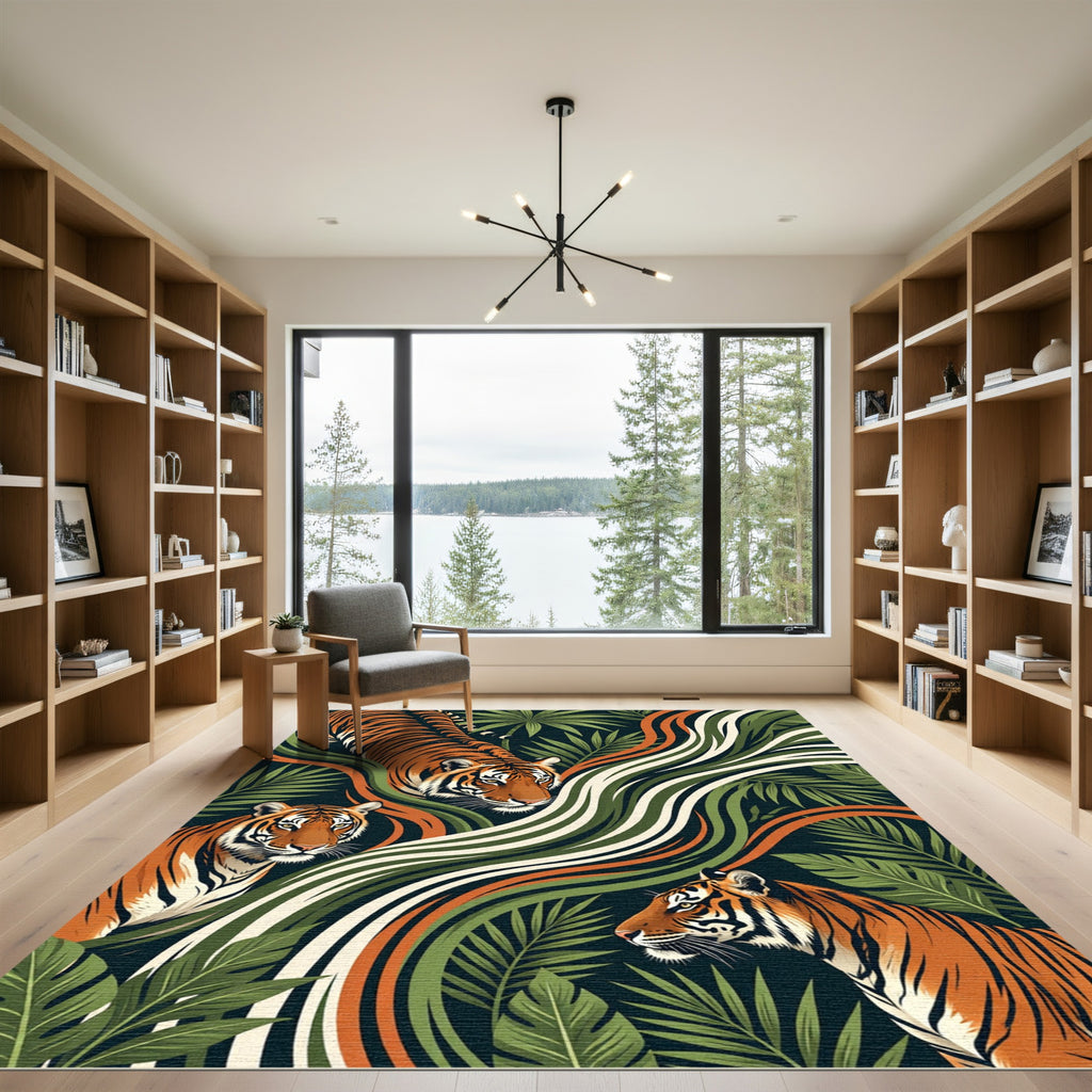 Earthy Tiger Jungle Lush Foliage Rug
