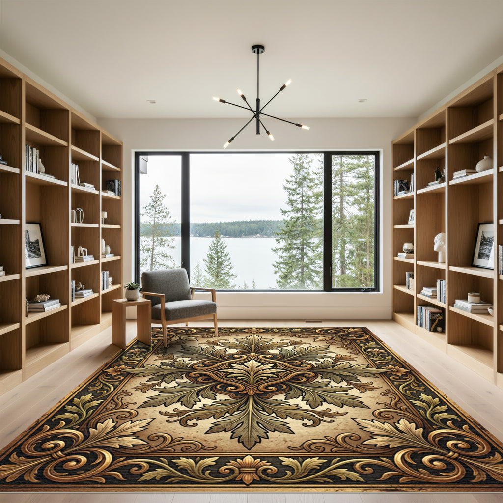 Ornate Gold Green Leaf Scroll Rug
