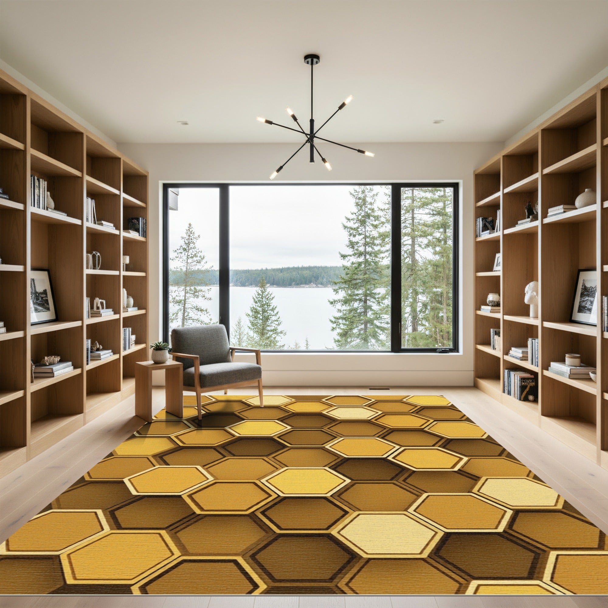 Golden Honeycomb Dimensional Geometric Hexagon Rug