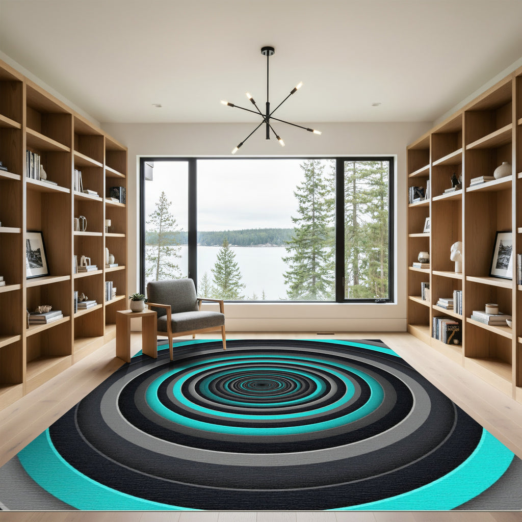 Cyan and Charcoal Concentric Circular Tunnel Rug