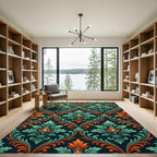 Teal and Orange Ornate Damask Scroll Rug