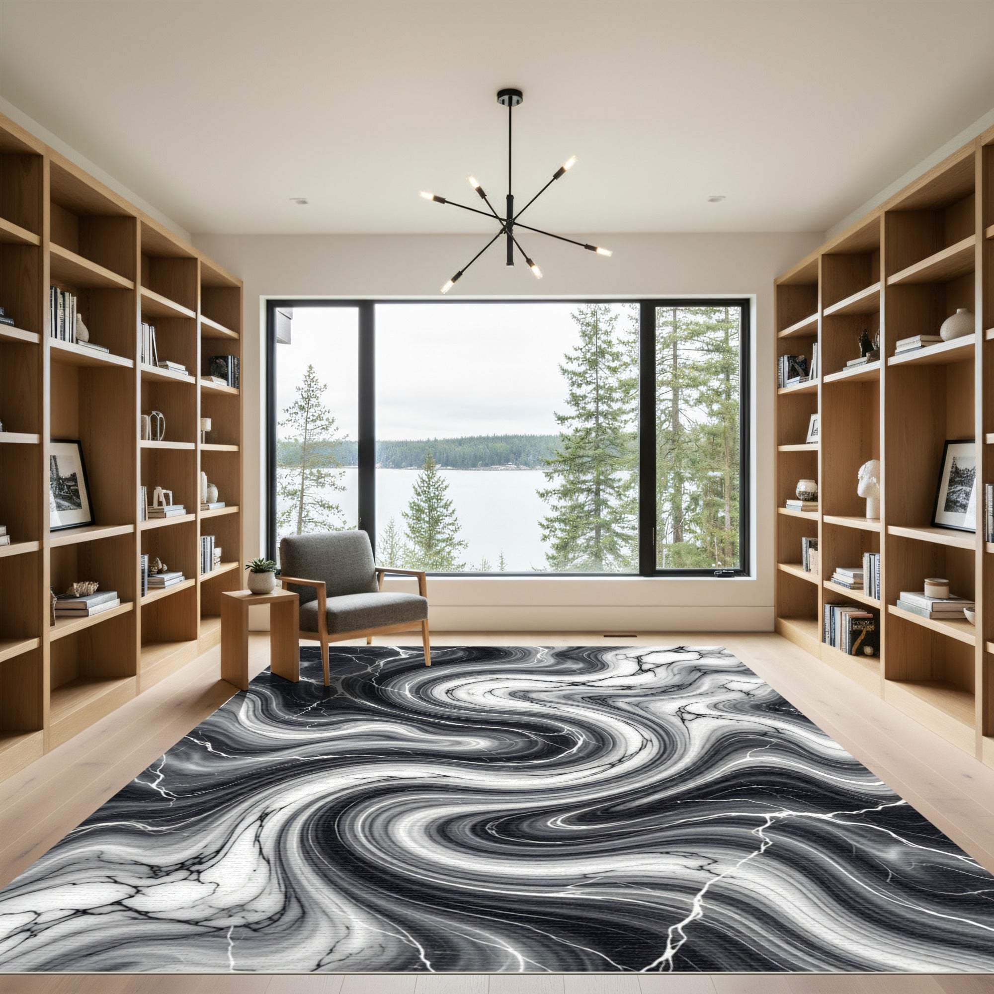 Monochrome Abstract Liquid Swirl Marble Rug