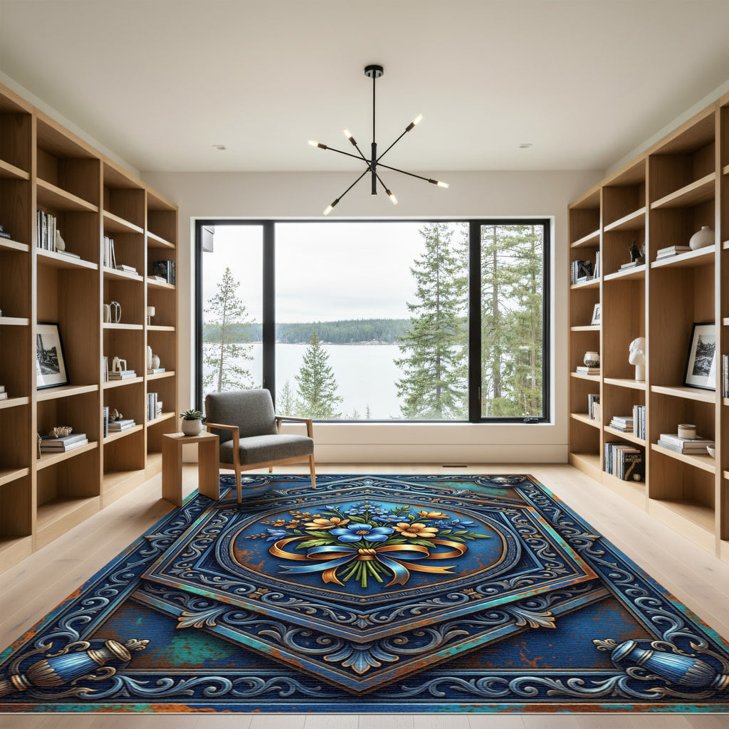 Ornate Blue Floral Hexagon Medallion Rug