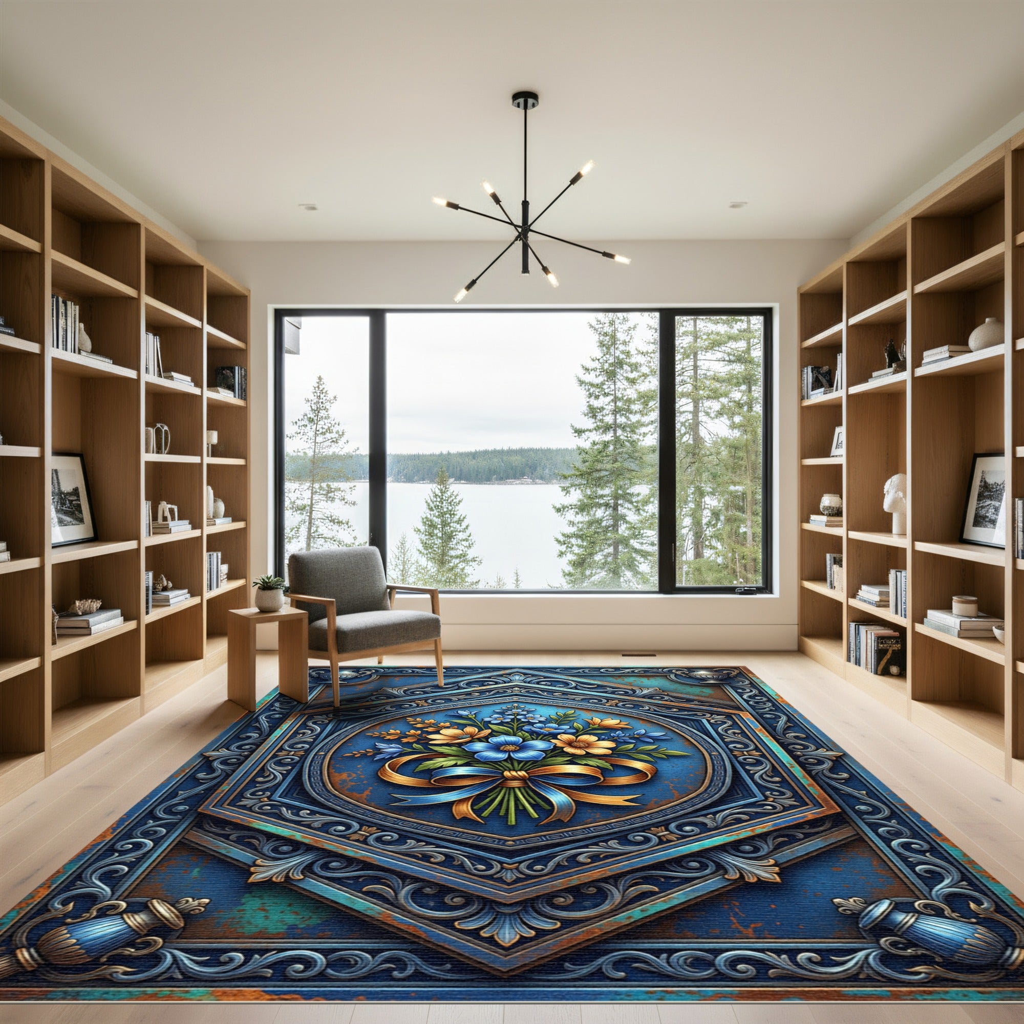 Ornate Blue Floral Hexagon Medallion Rug