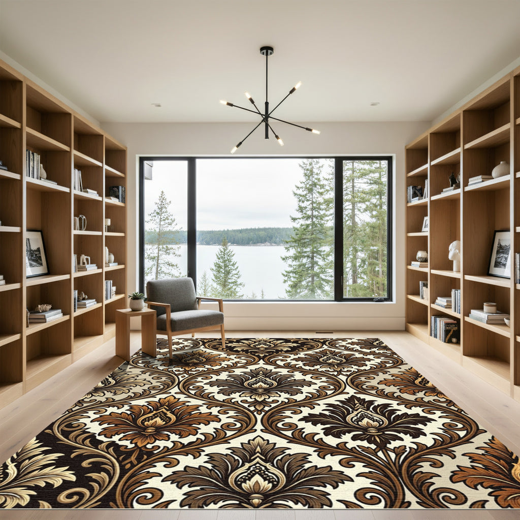 Elegant Bronze Damask Scrolling Foliage Rug