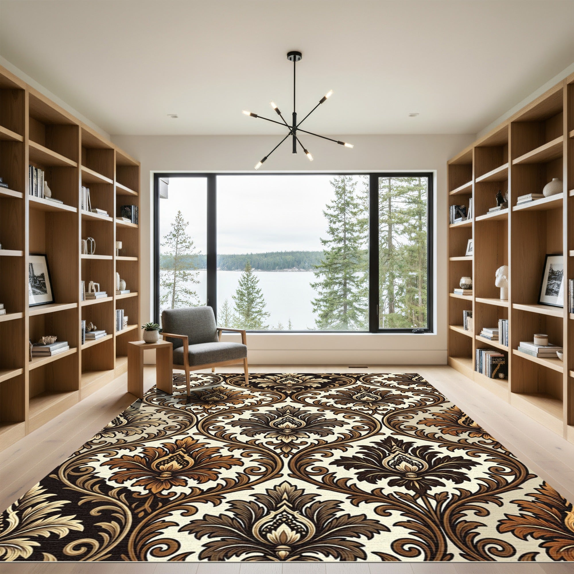 Elegant Bronze Damask Scrolling Foliage Rug