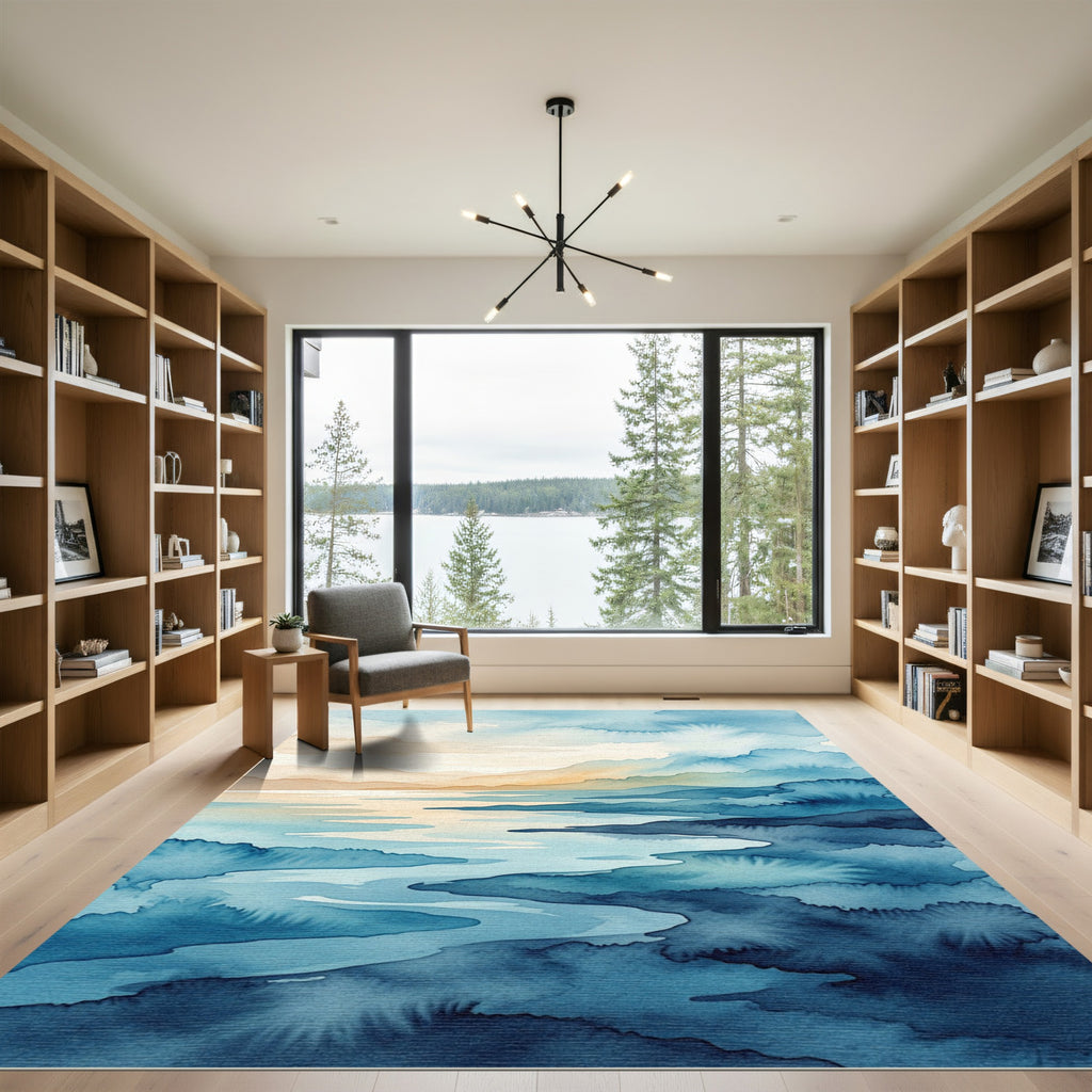 Serene Blue Watercolor Coastal Horizon Rug