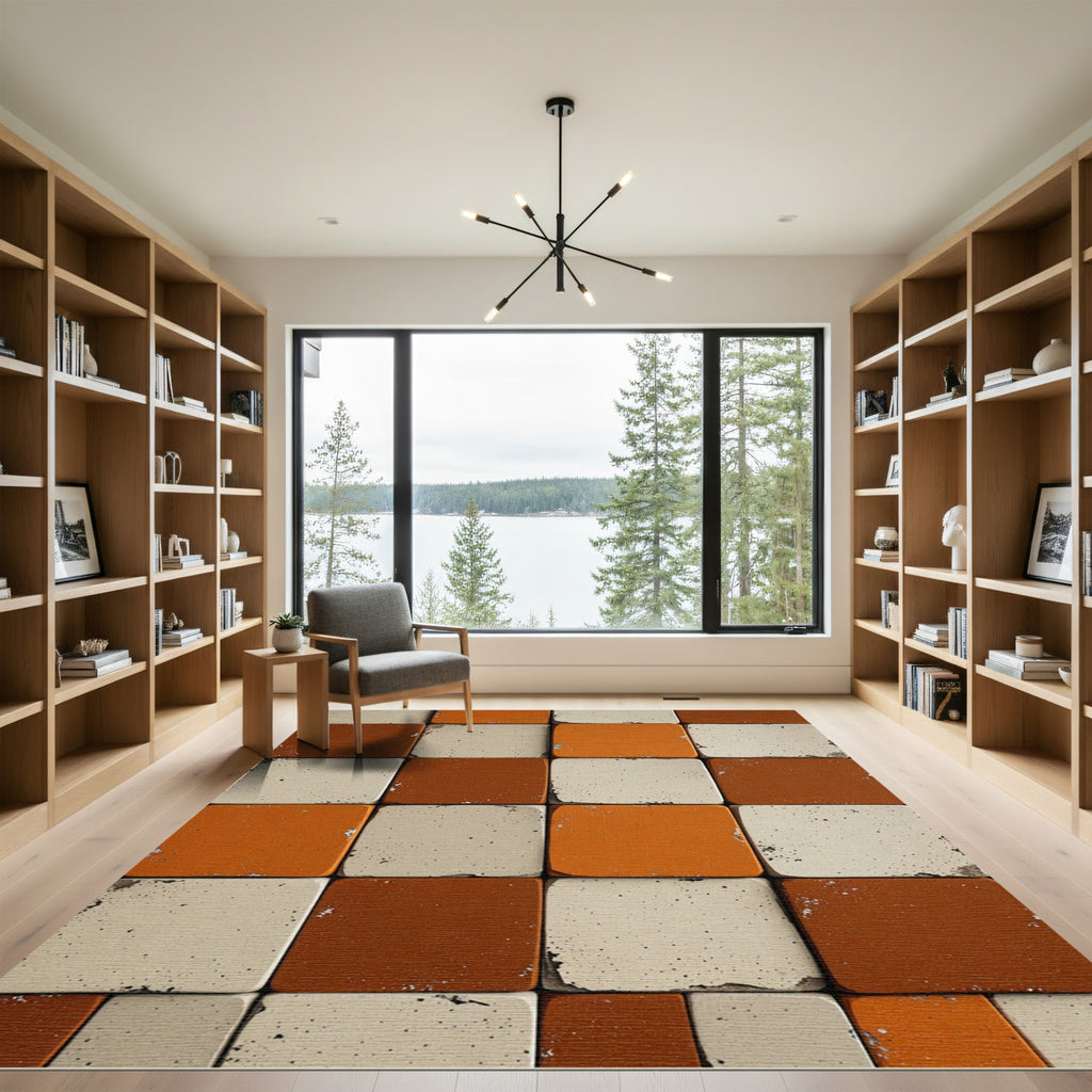Earthy Burnt Orange Cream Checkerboard Rug