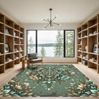 Sage Green Floral Medallion Botanical Illustration Rug