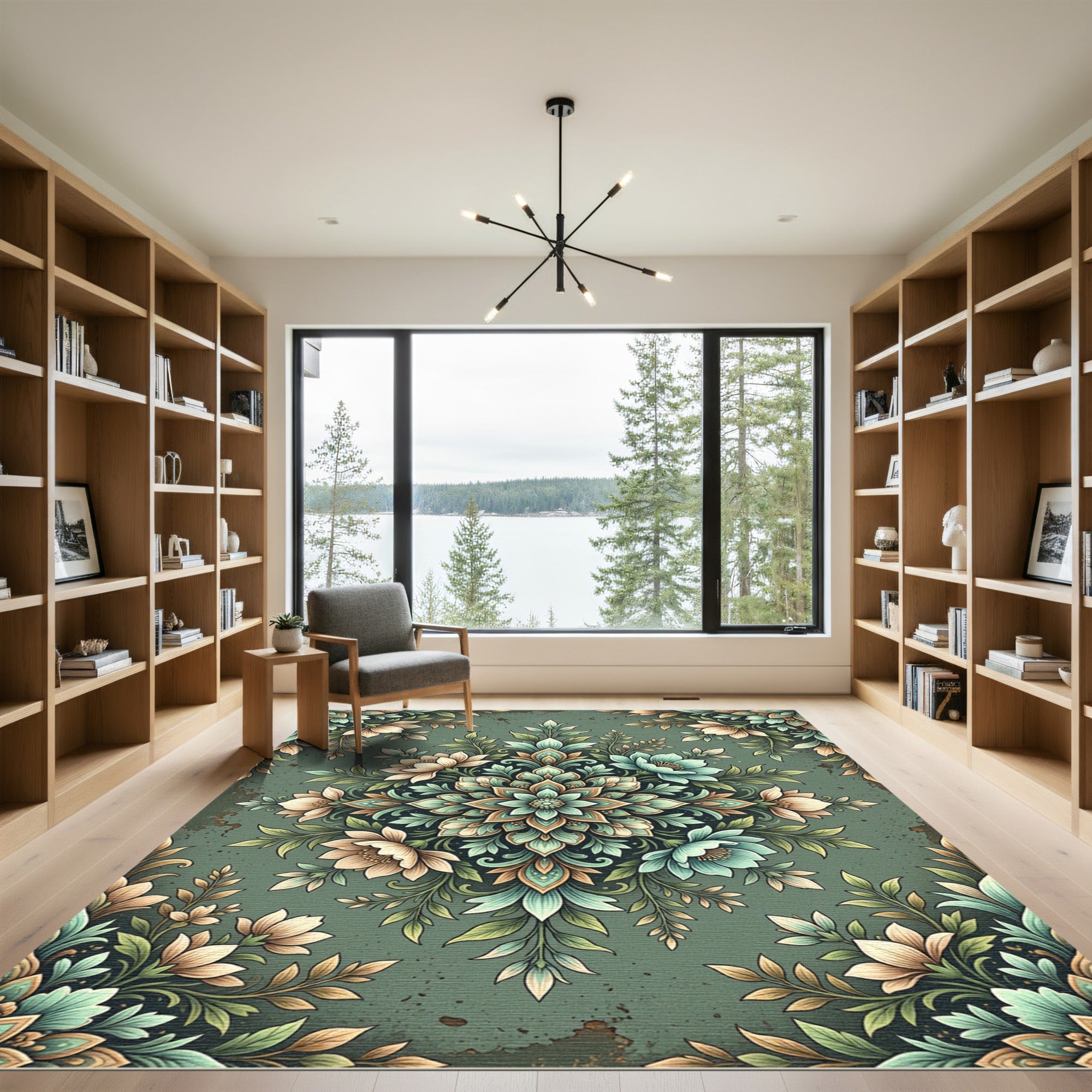 Sage Green Floral Medallion Botanical Illustration Rug