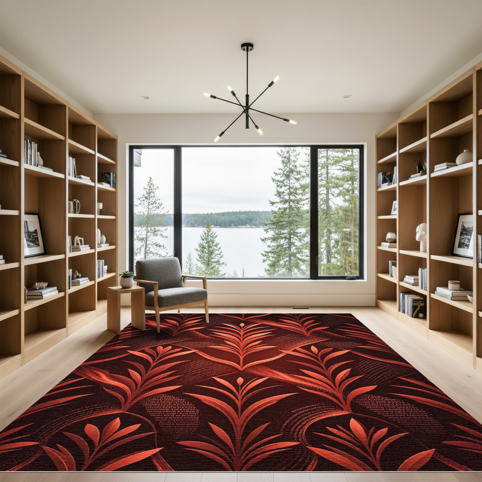 Deep Coral Art Deco Floral Overlay Rug