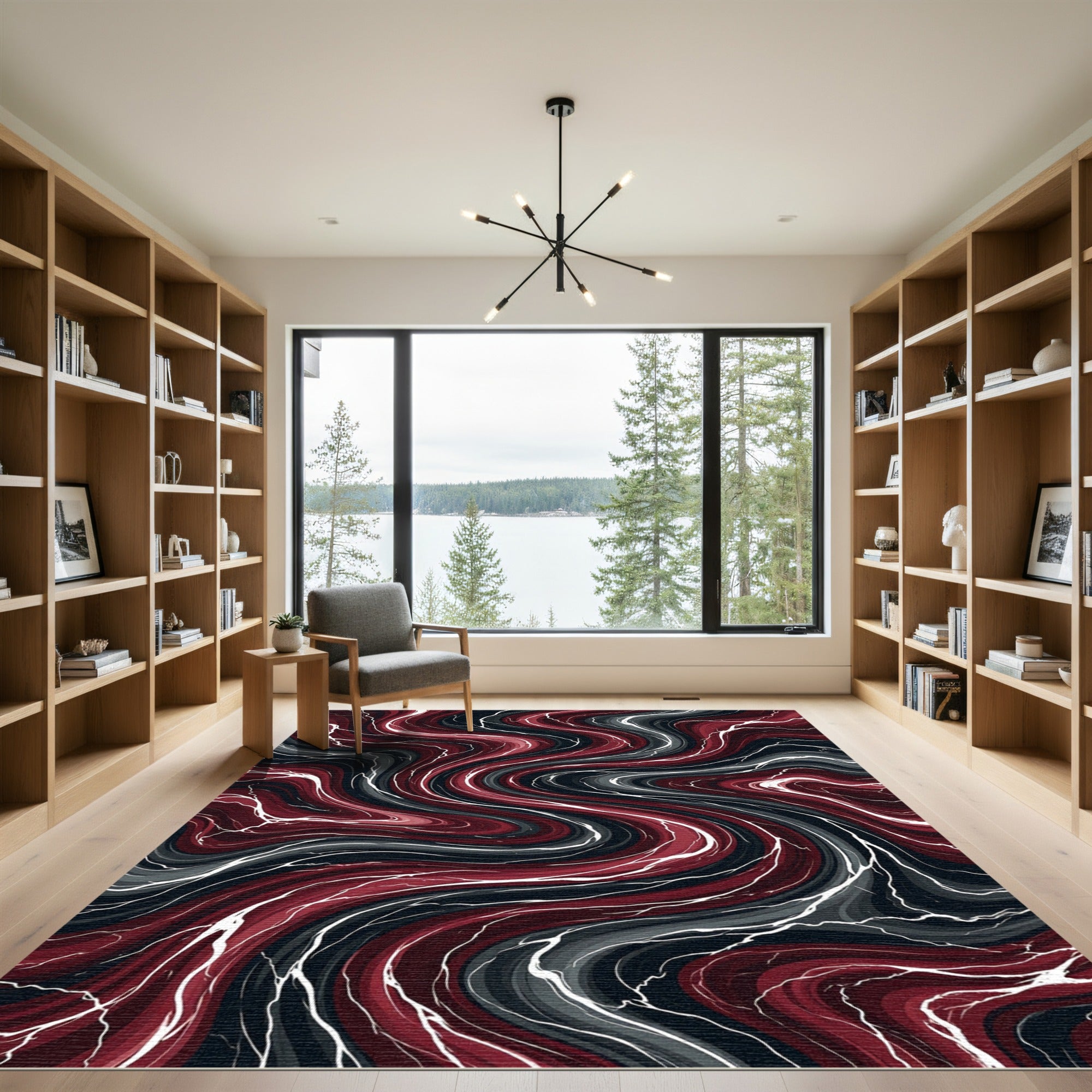 Dark Crimson Swirl Marble Abstract Rug