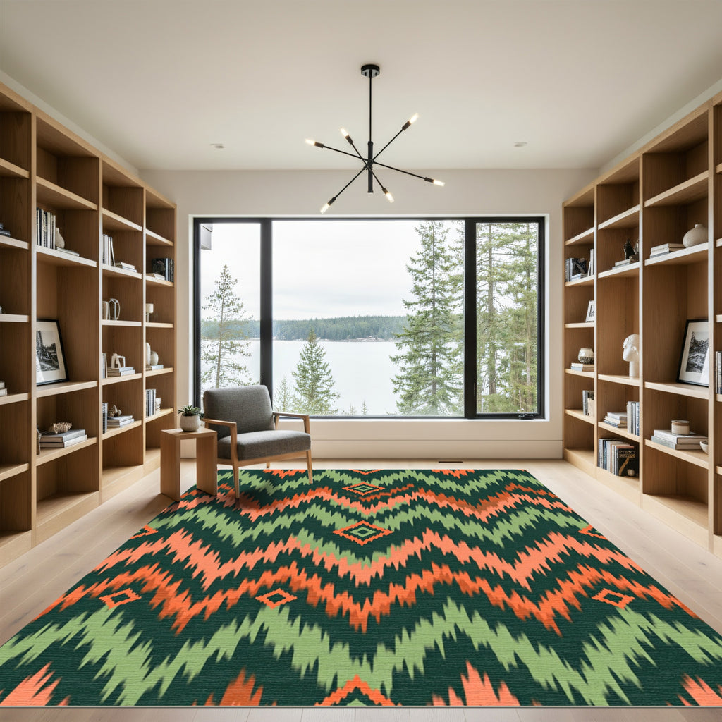 Green and Orange Chevron Diamond Ikat Rug
