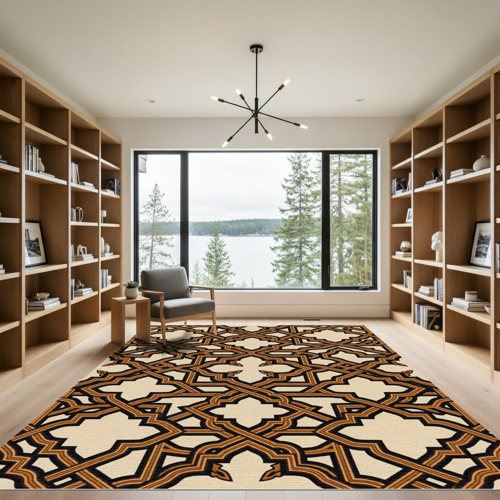 Brown Tan Interlocking Geometric Layers Rug
