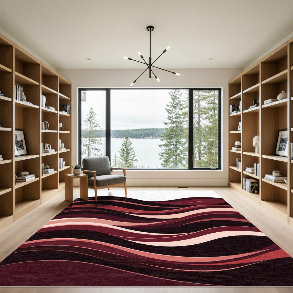Contemporary Crimson Waves Abstract Flow Rug