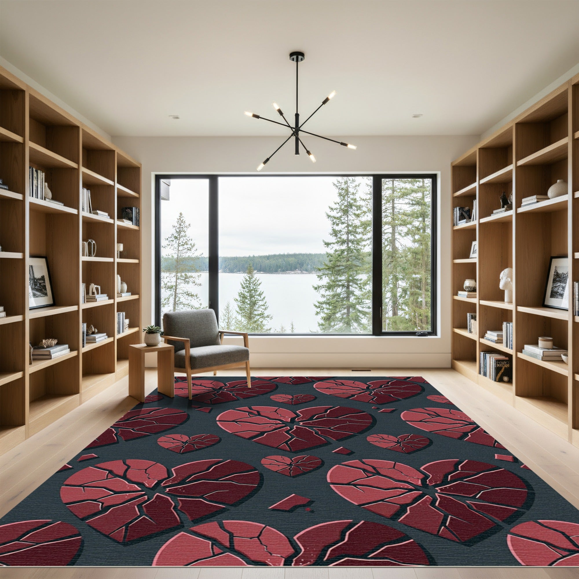 Crimson Cracked Hearts Geometric Rug