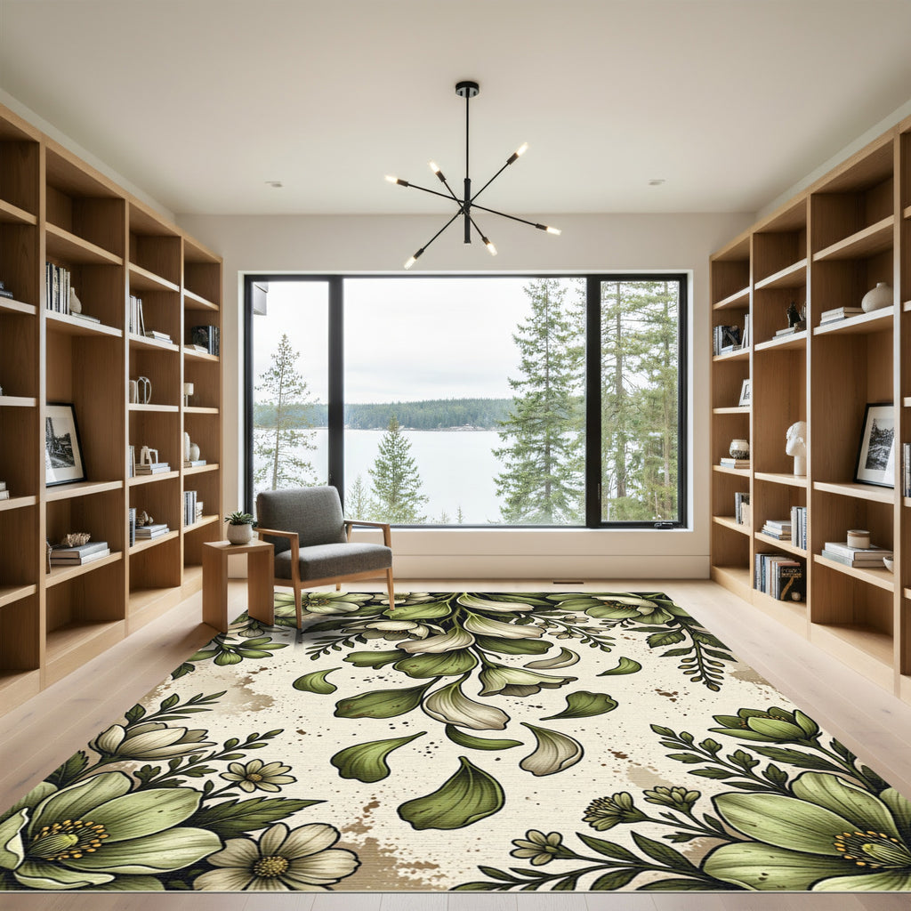 Sage Green Floral Leafy Garland Rug