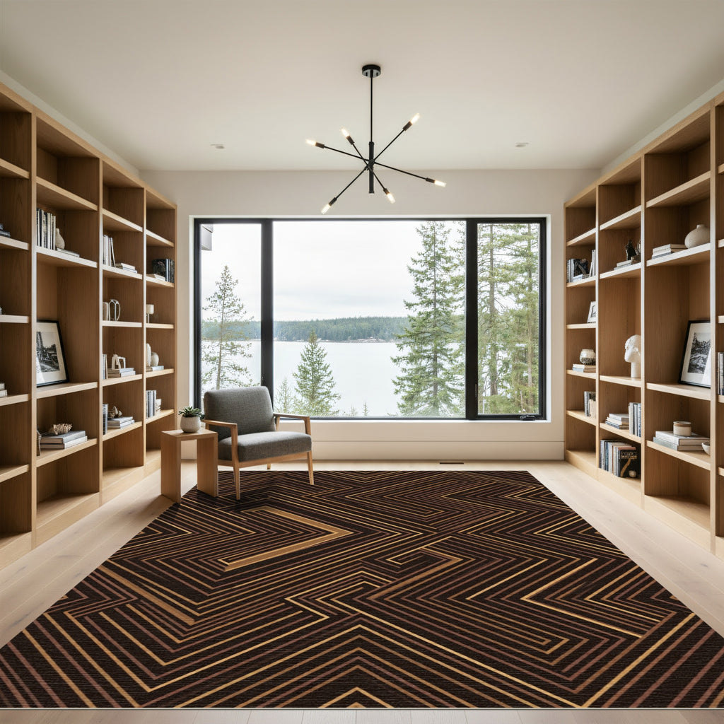 Geometric Linear Bronze Ochre Maze Rug