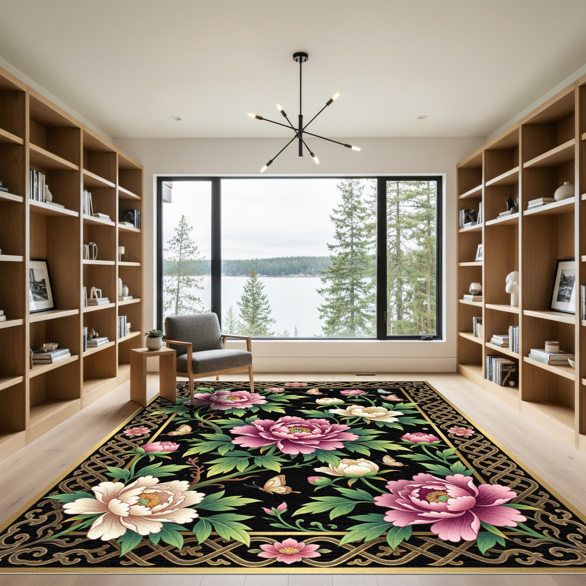 Elegant Pink Peony Gold Butterfly Garden Rug