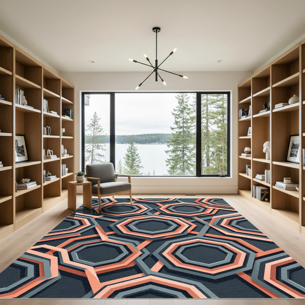 Sophisticated Gray and Peach Geometric Octagon Rug
