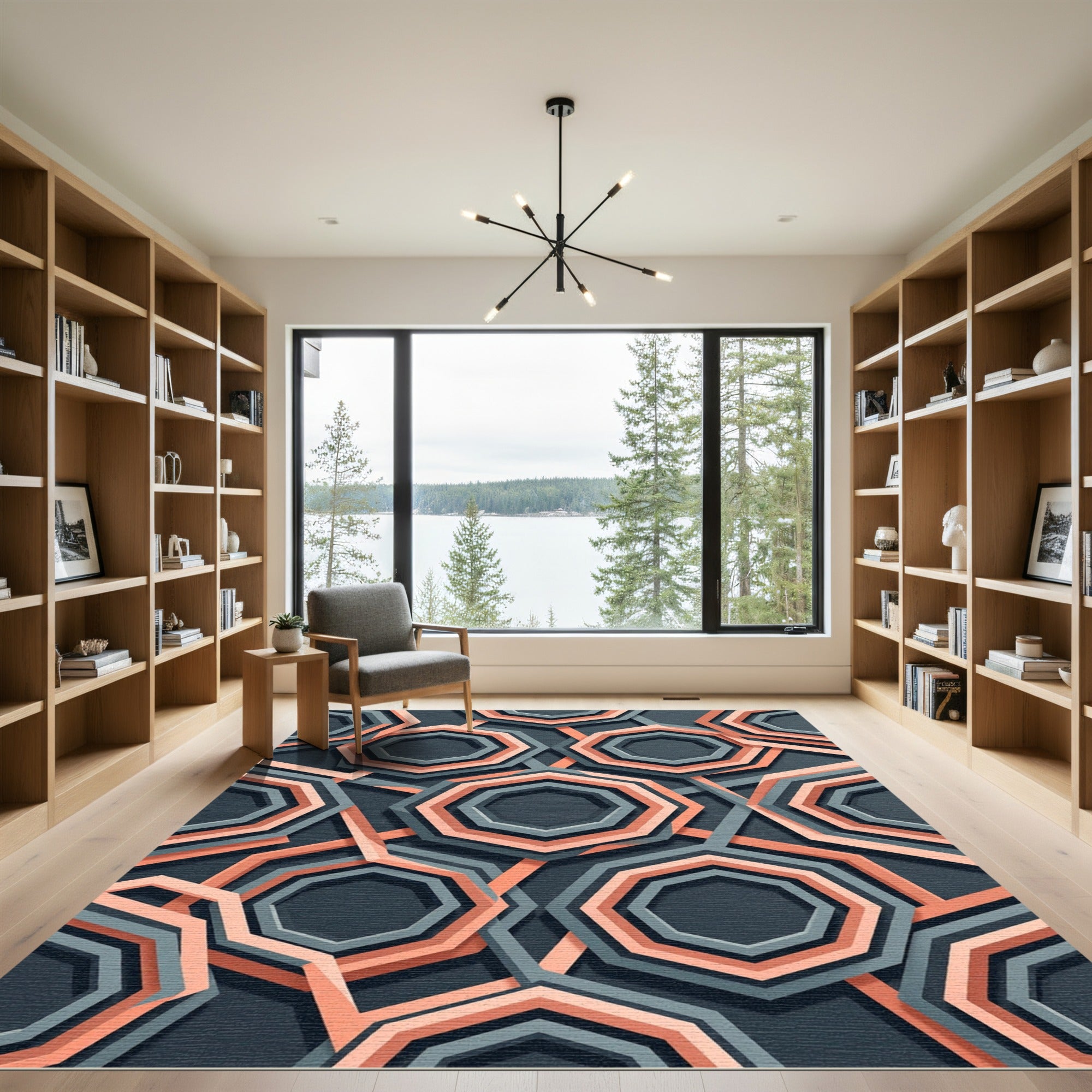 Sophisticated Gray and Peach Geometric Octagon Rug