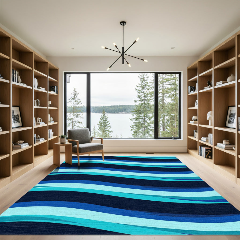 Modern Navy Blue Fluid Wave Rug