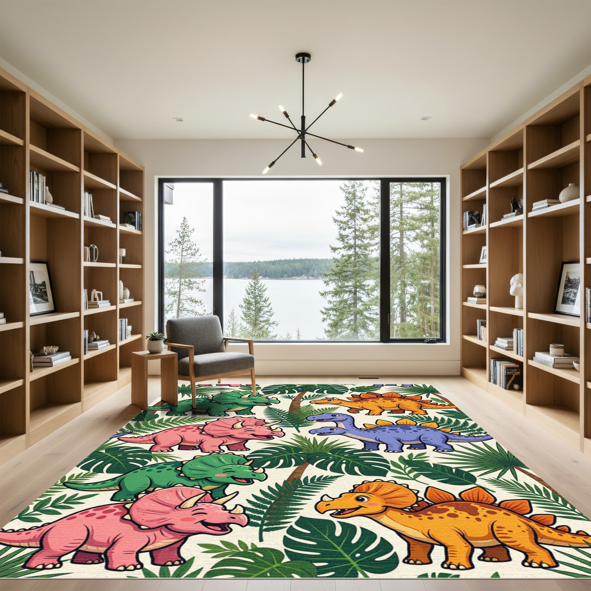 Cheerful Colorful Dinosaur Tropical Forest Scene Rug