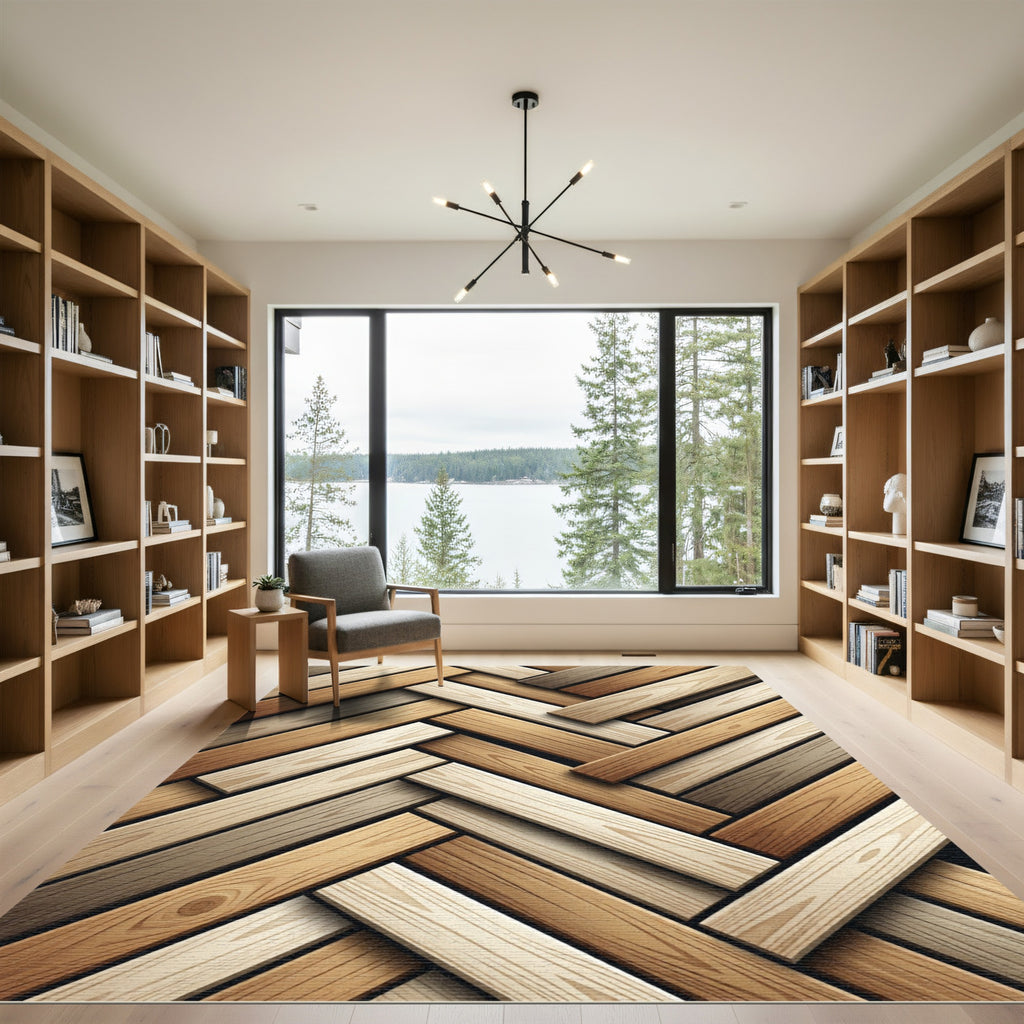 Neutral Wood Grain Herringbone Plank Rug