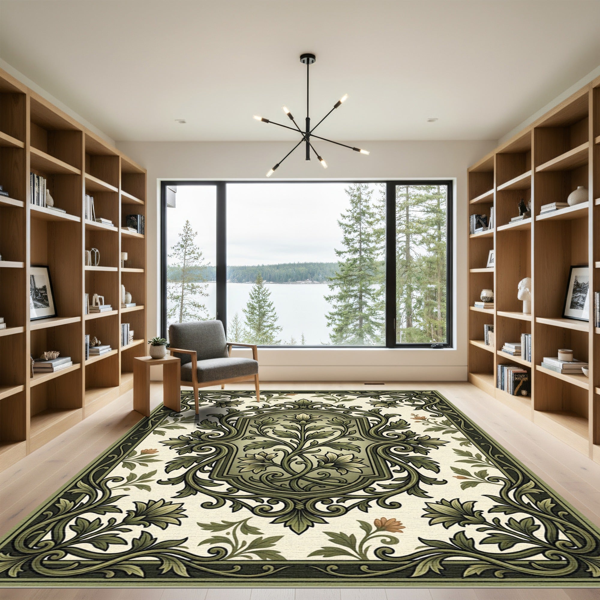 Elegant Sage Botanical Scroll Floral Rug