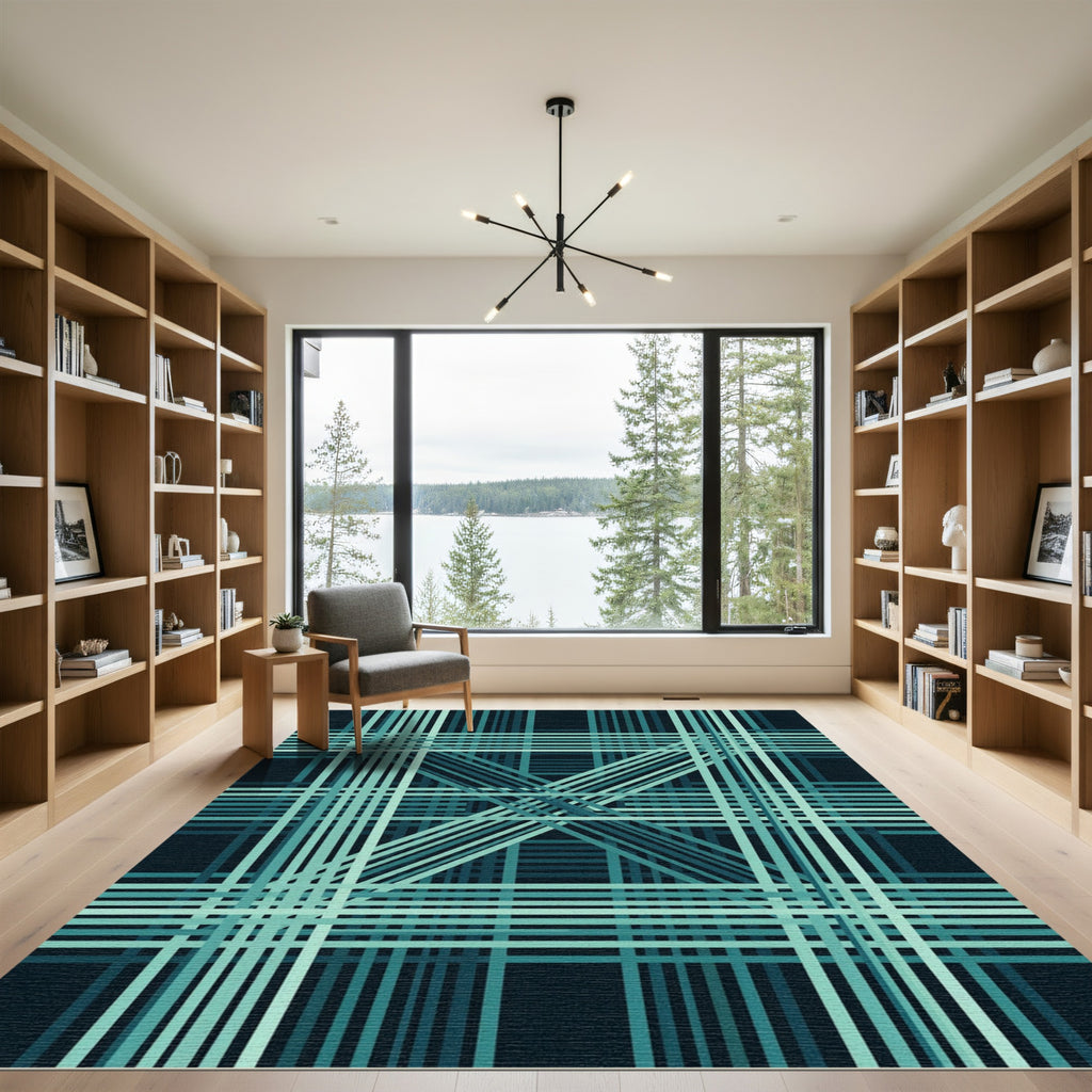 Deep Teal Geometric Intersecting Lines Rug