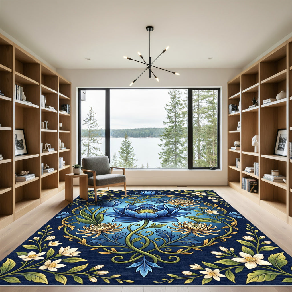 Elegant Blue Floral Medallion Botanical Rug