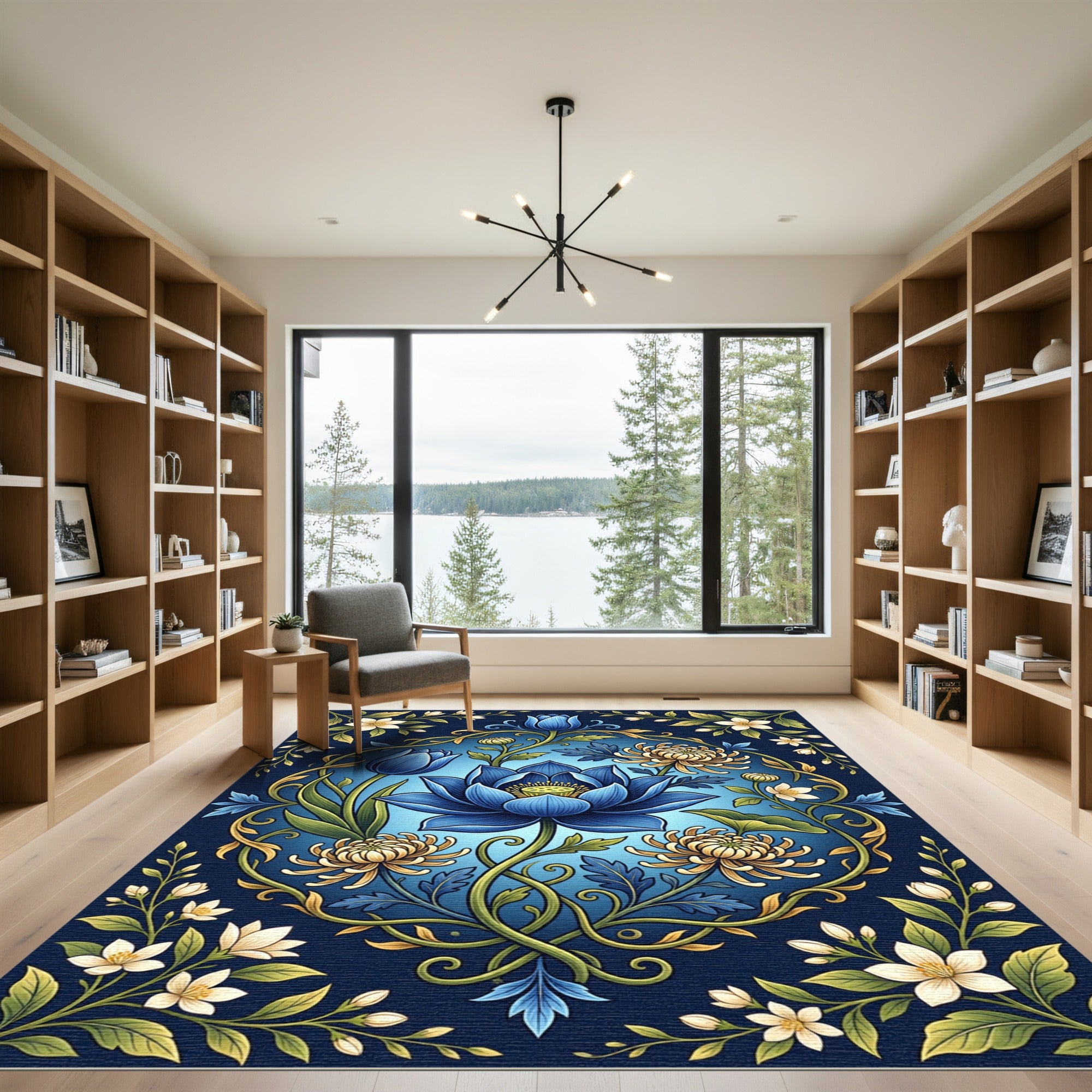 Elegant Blue Floral Medallion Botanical Rug