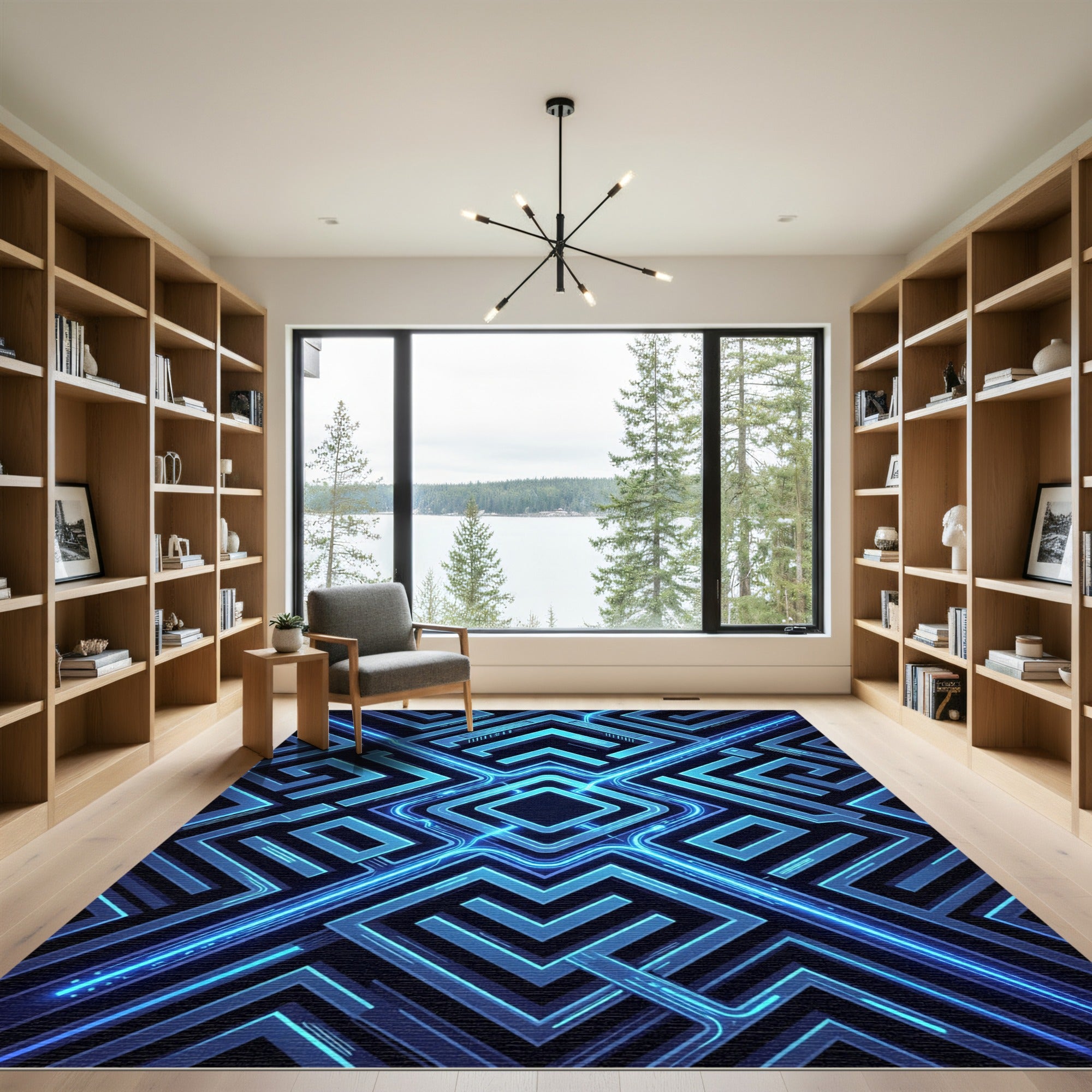 Neon Blue Cyber Geometric Labyrinth Rug