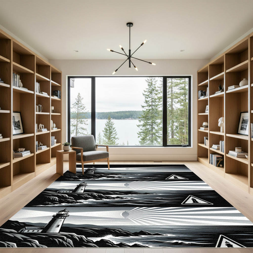 Monochrome Coastal Lighthouse Graphic Ink Art Rug