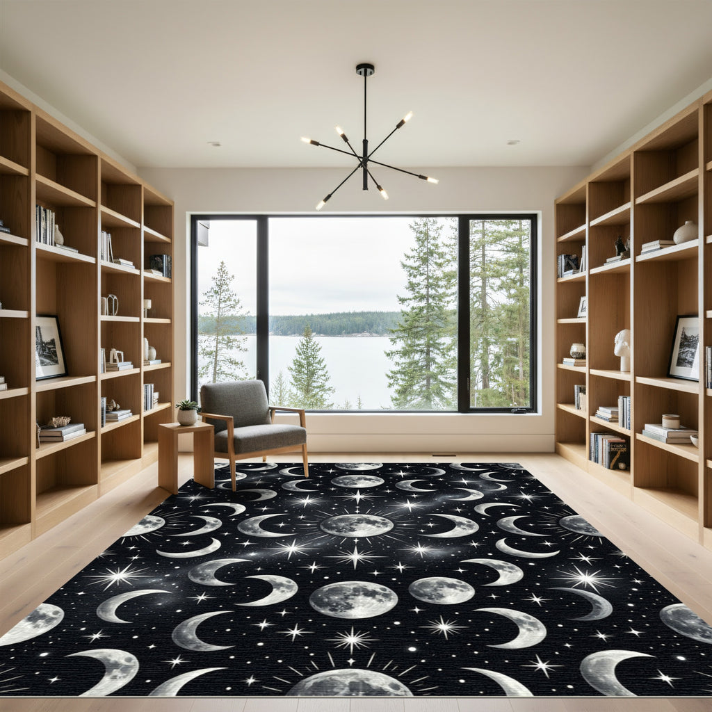 Celestial Lunar Phases and Starry Sky Rug