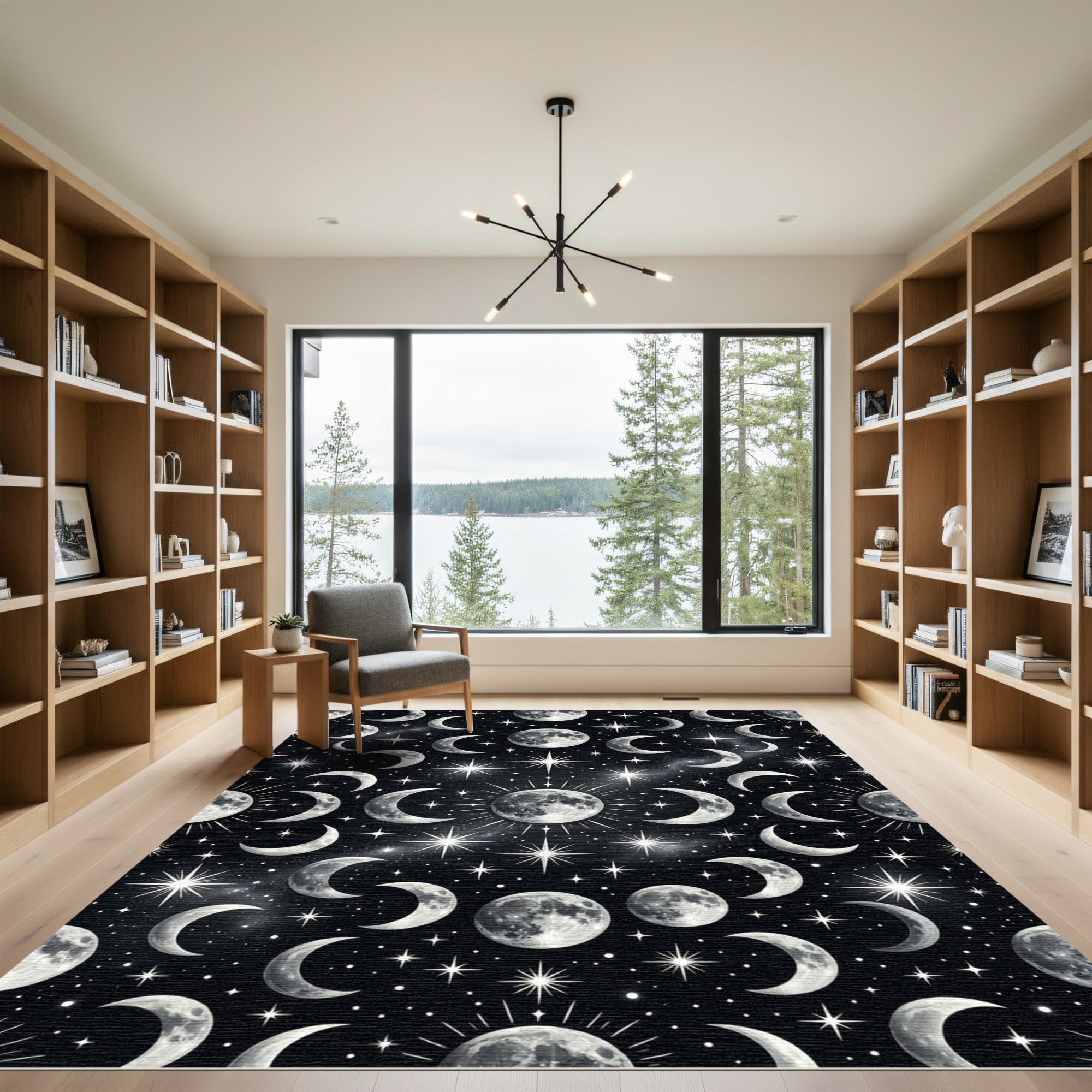 Celestial Lunar Phases and Starry Sky Rug